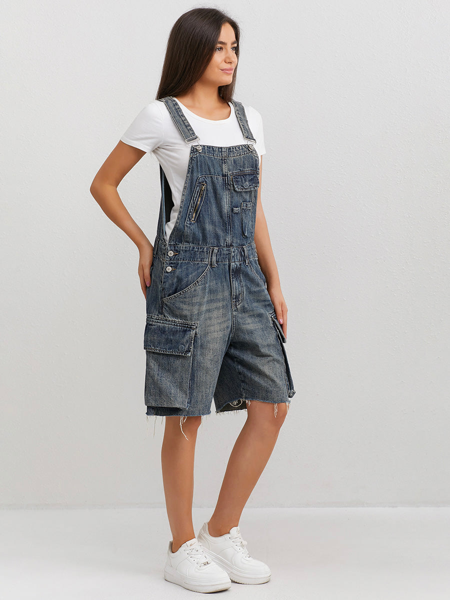 Salopette short cargo en denim pour femme