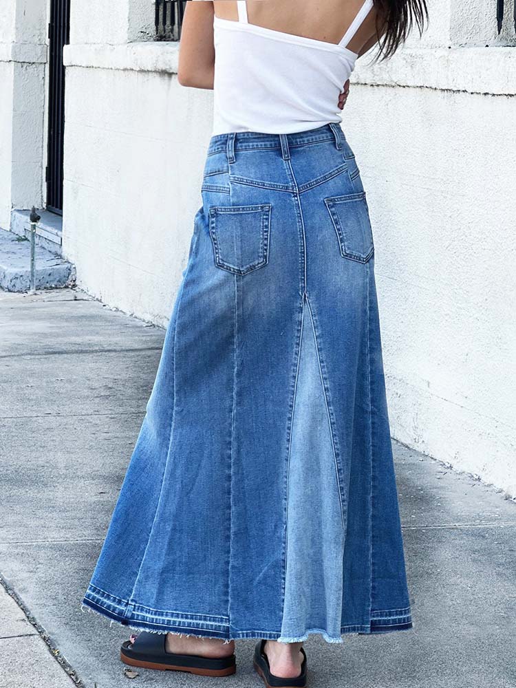 Jupe longue en jean stretch amincissante trapèze