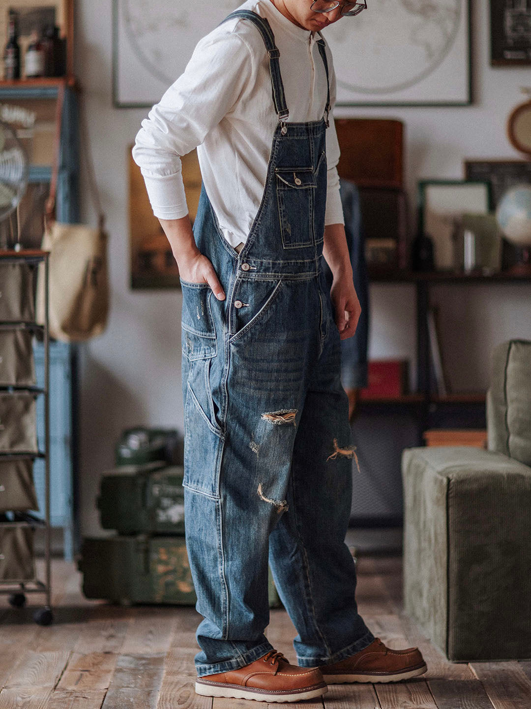 Latzhose aus Denim im Used-Look für Herren