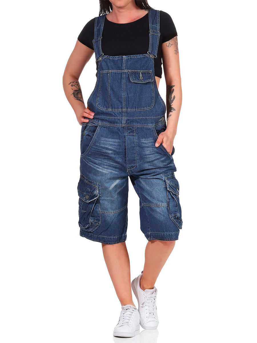 Kurze Jeans-Latzhose für Damen mit Cargotaschen