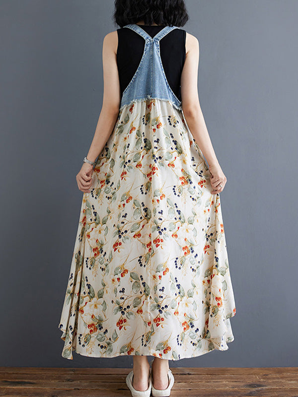 Robe salopette maxi patchwork en denim et imprimé aquarelle