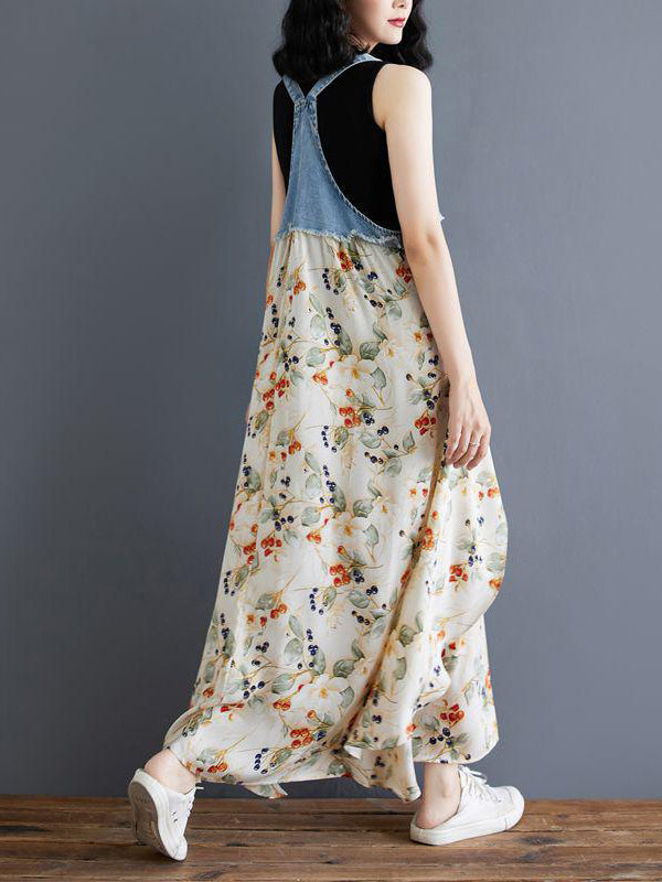 Robe salopette maxi patchwork en denim et imprimé aquarelle