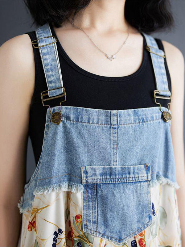 Robe salopette maxi patchwork en denim et imprimé aquarelle