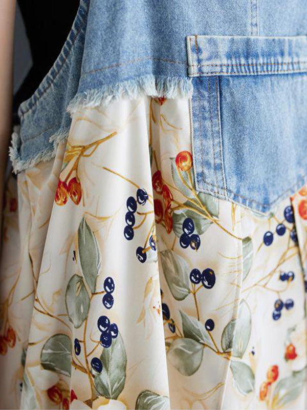 Robe salopette maxi patchwork en denim et imprimé aquarelle