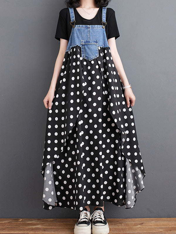 Robe salopette maxi patchwork en denim et imprimé aquarelle