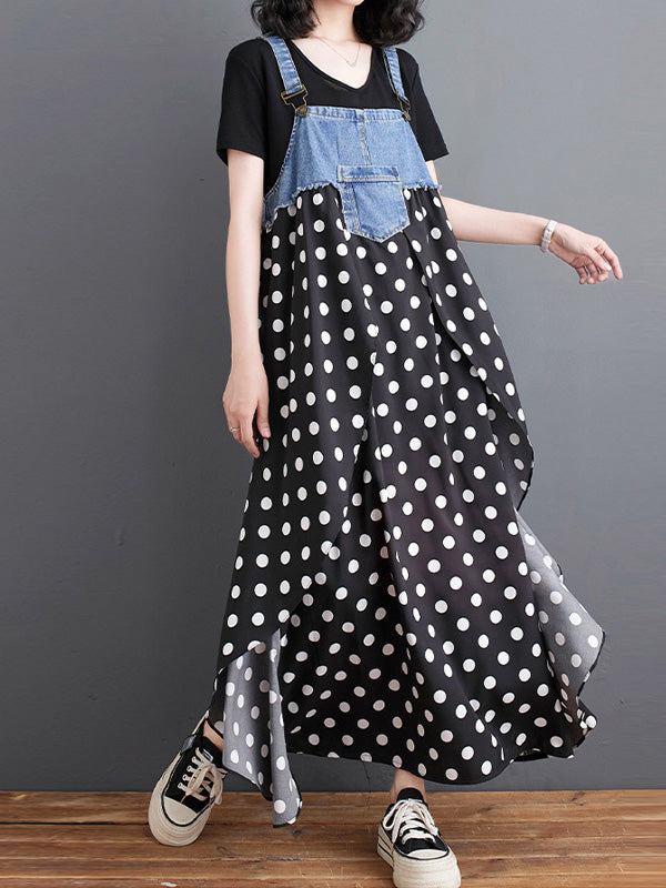 Robe salopette maxi patchwork en denim et imprimé aquarelle