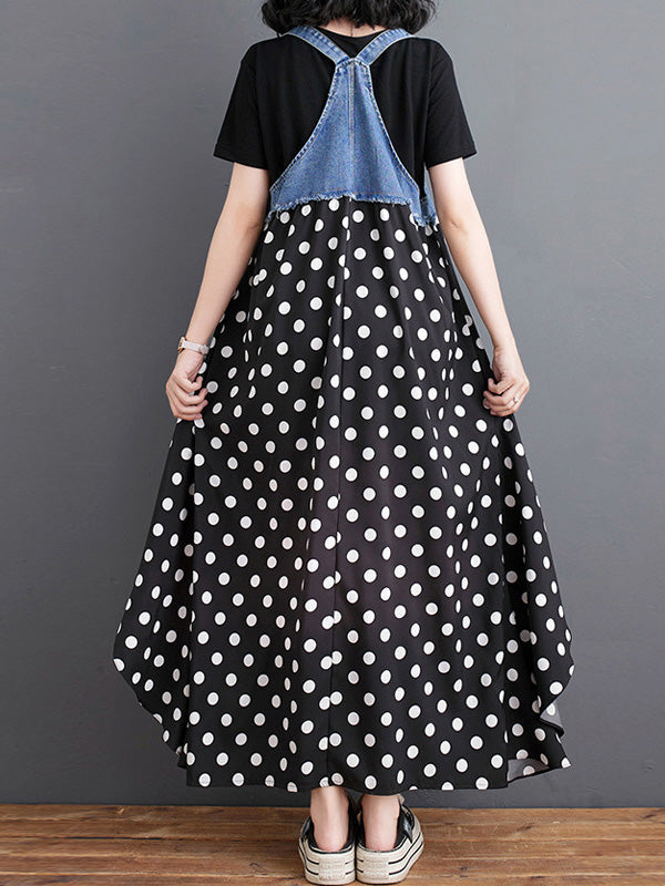 Robe salopette maxi patchwork en denim et imprimé aquarelle