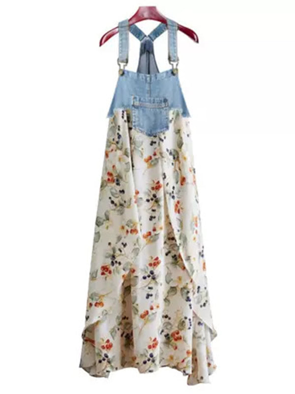 Robe salopette maxi patchwork en denim et imprimé aquarelle