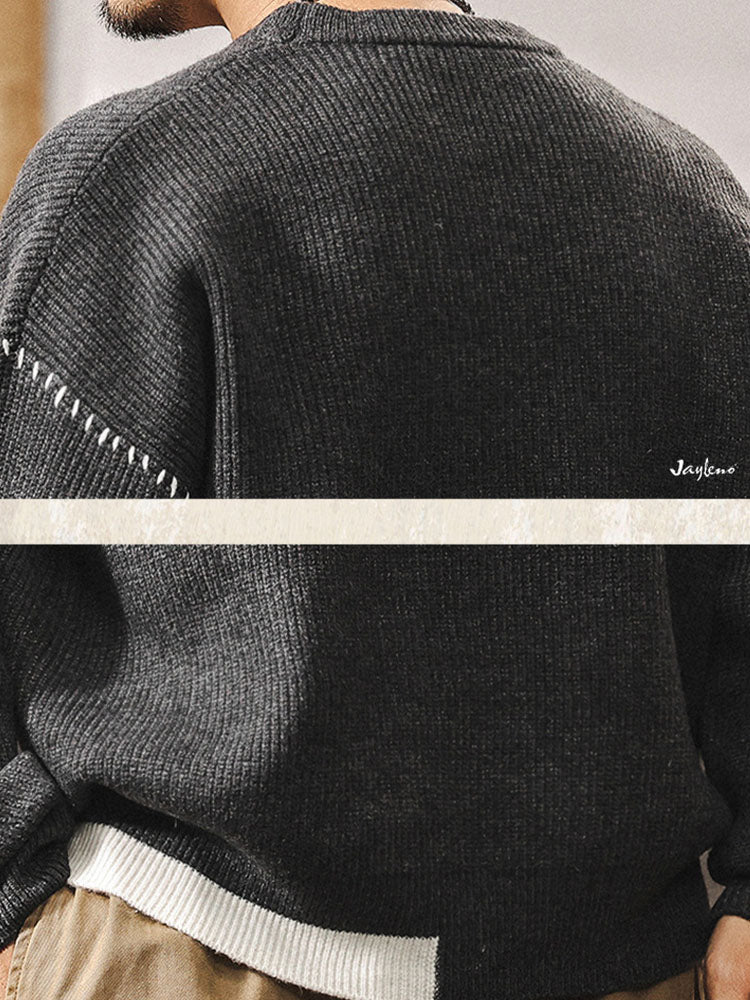 Herren Rundhals Strickpullover, Lockerer Schnitt mit Kontrastnaht‑Detail
