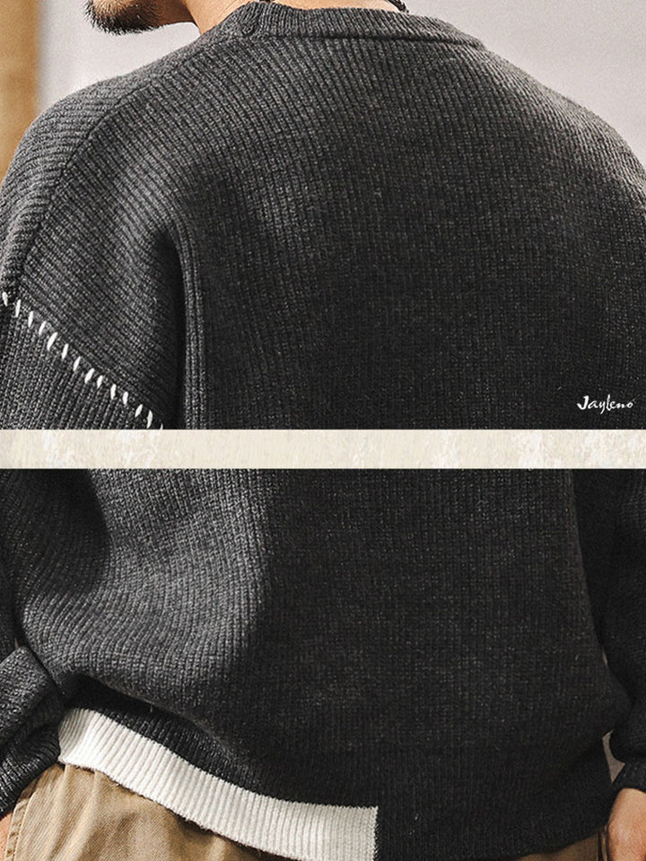Herren Rundhals Strickpullover, Lockerer Schnitt mit Kontrastnaht‑Detail