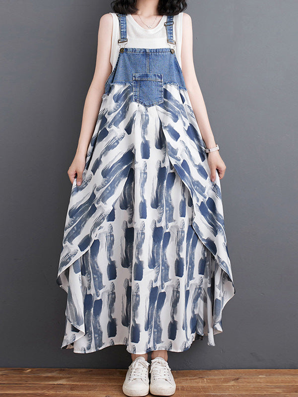 Robe salopette maxi patchwork en denim et imprimé aquarelle