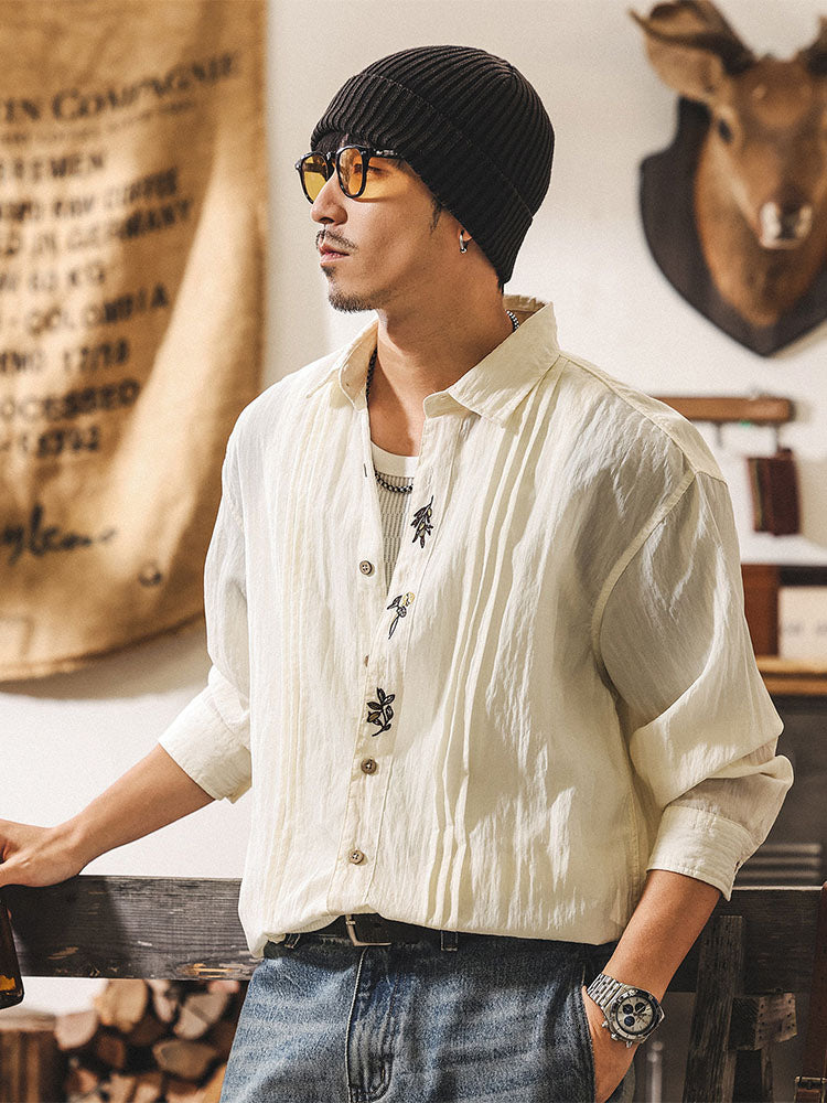 Herren Vintage Langarmhemd mit Stickerei Lässiges Lyocell Freizeithemd