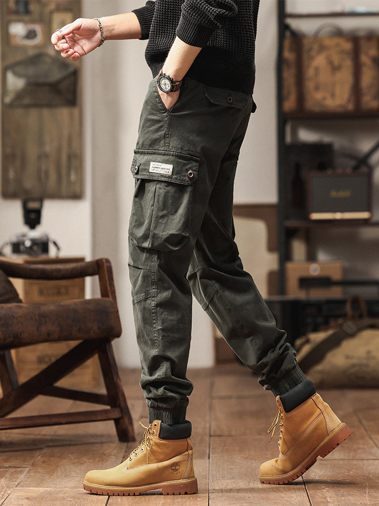 Pantalon de jogging cargo fuselé pour homme, style vintage, poches multiples et boutons