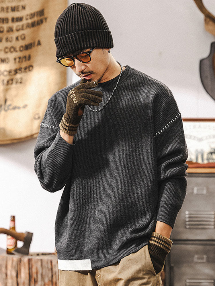 Herren Rundhals Strickpullover, Lockerer Schnitt mit Kontrastnaht‑Detail