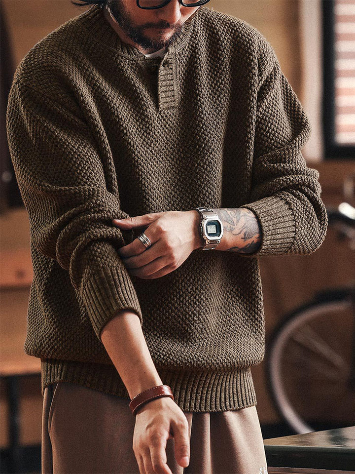Herren Henry‑Knit Pullover mit strukturierter Oberfläche