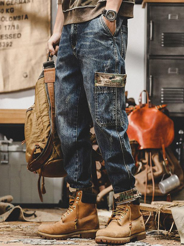 Jean cargo vintage pour homme avec poches camouflage, coupe ample
