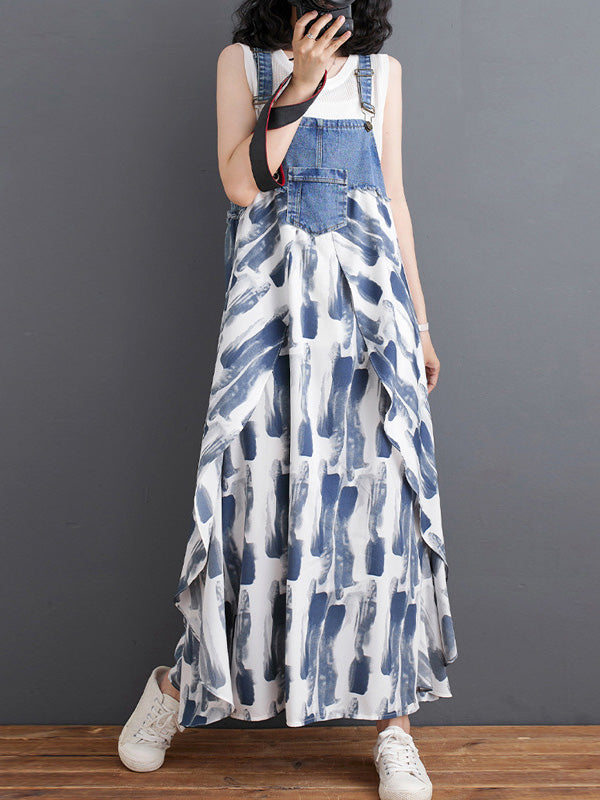 Robe salopette maxi patchwork en denim et imprimé aquarelle