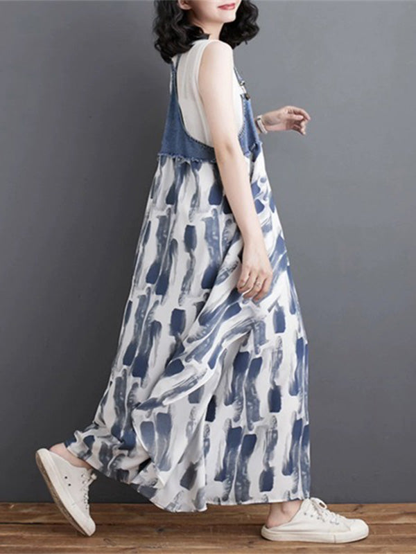 Robe salopette maxi patchwork en denim et imprimé aquarelle