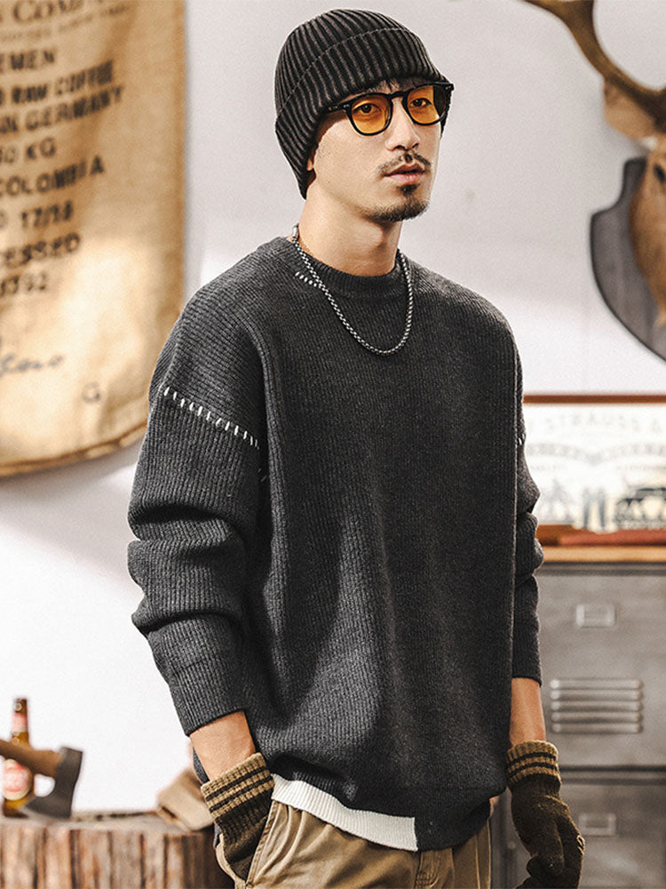 Herren Rundhals Strickpullover, Lockerer Schnitt mit Kontrastnaht‑Detail