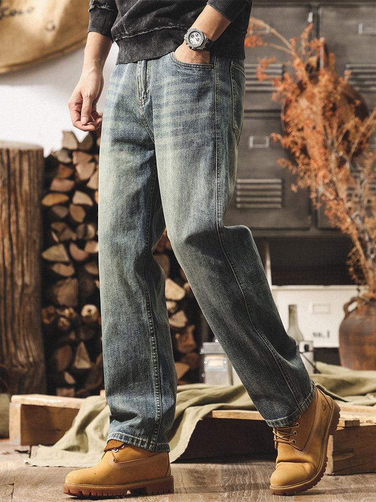 Herren Vintage Weit Bein Jeans, Retro Denim Hose für Alltag