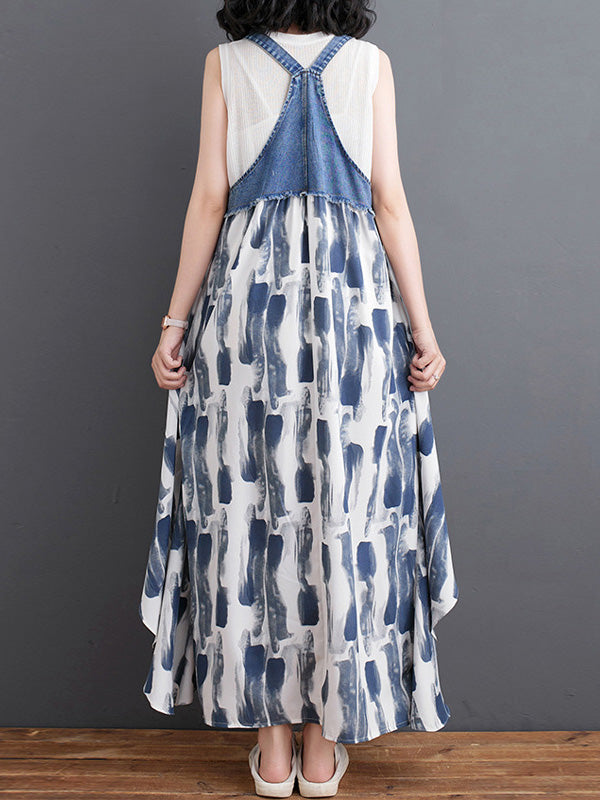 Robe salopette maxi patchwork en denim et imprimé aquarelle