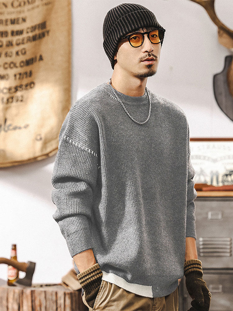 Herren Rundhals Strickpullover, Lockerer Schnitt mit Kontrastnaht‑Detail