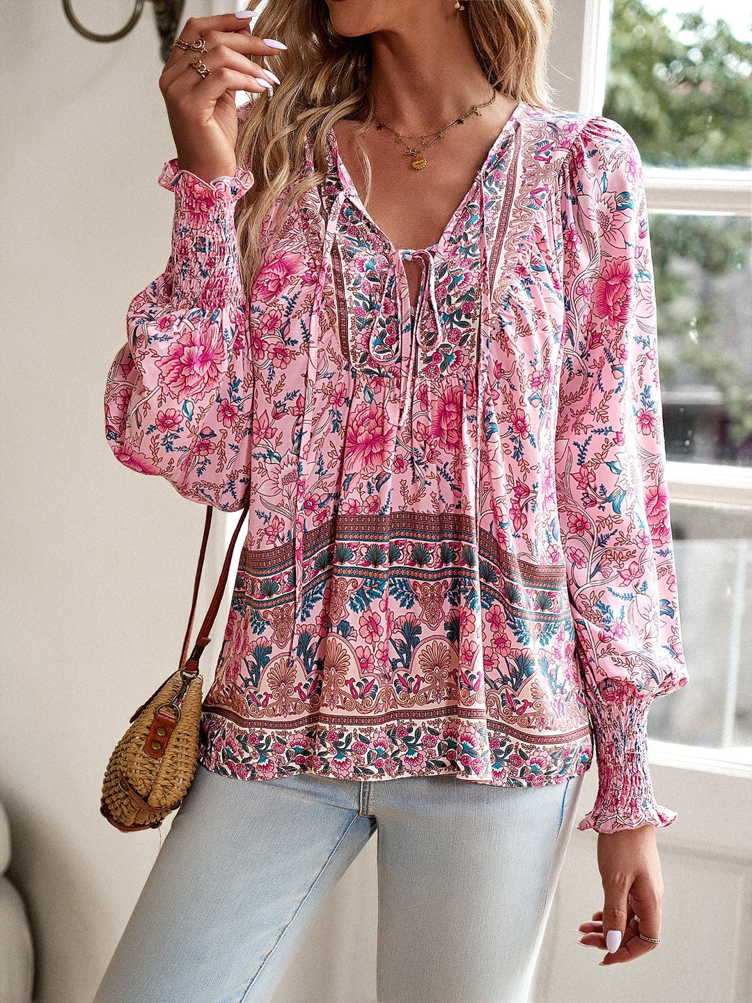 Chemisier bohème à imprimé floral et col noué pour femme