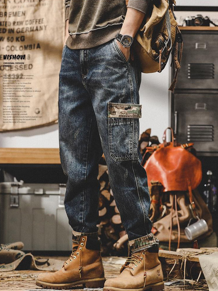 Jean cargo vintage pour homme avec poches camouflage, coupe ample