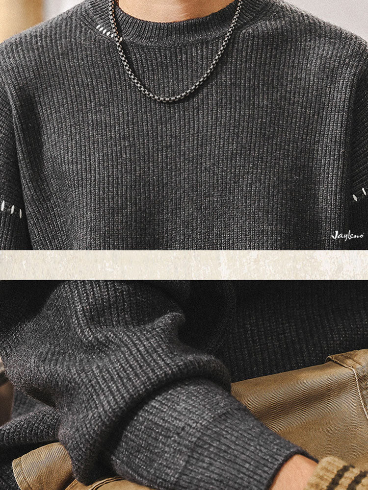 Herren Rundhals Strickpullover, Lockerer Schnitt mit Kontrastnaht‑Detail