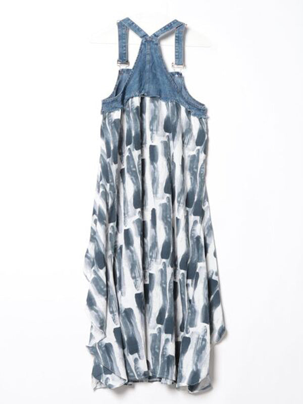 Robe salopette maxi patchwork en denim et imprimé aquarelle