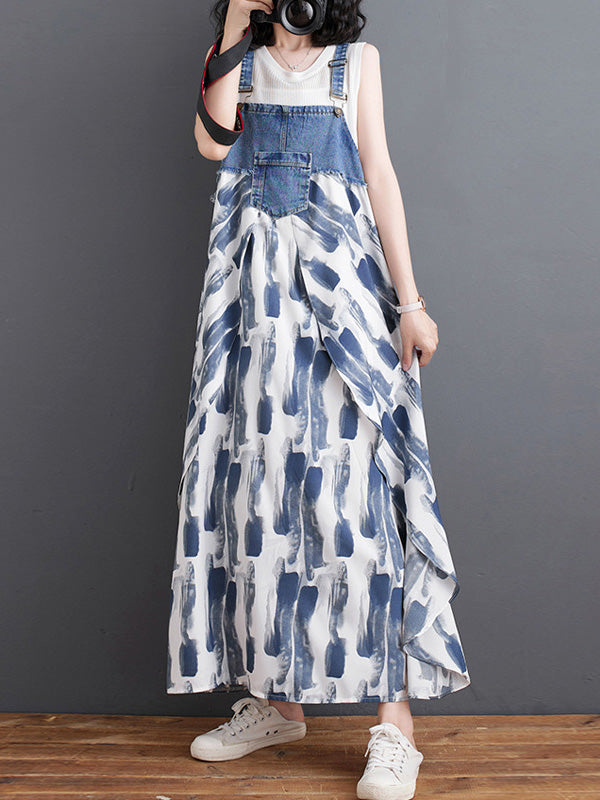 Robe salopette maxi patchwork en denim et imprimé aquarelle