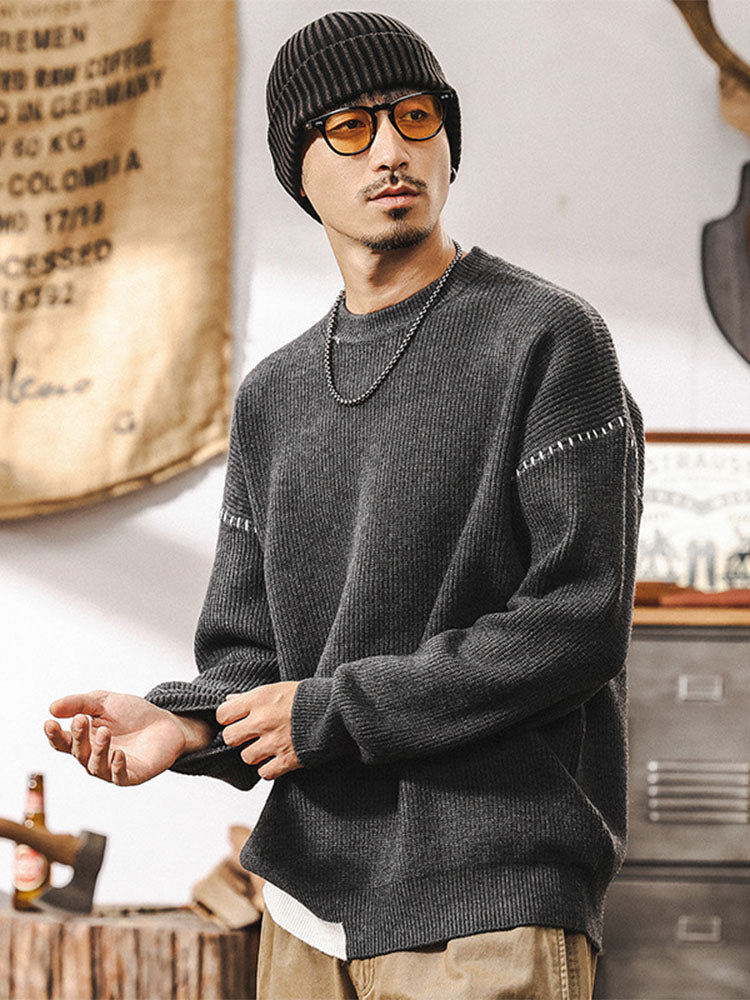 Herren Rundhals Strickpullover, Lockerer Schnitt mit Kontrastnaht‑Detail