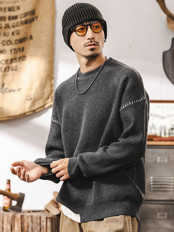 Herren Rundhals Strickpullover, Lockerer Schnitt mit Kontrastnaht‑Detail