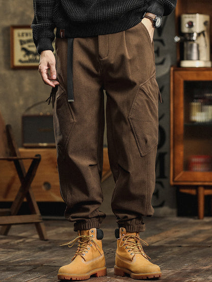 Pantalon cargo décontracté en velours côtelé avec sangles décoratives pour homme