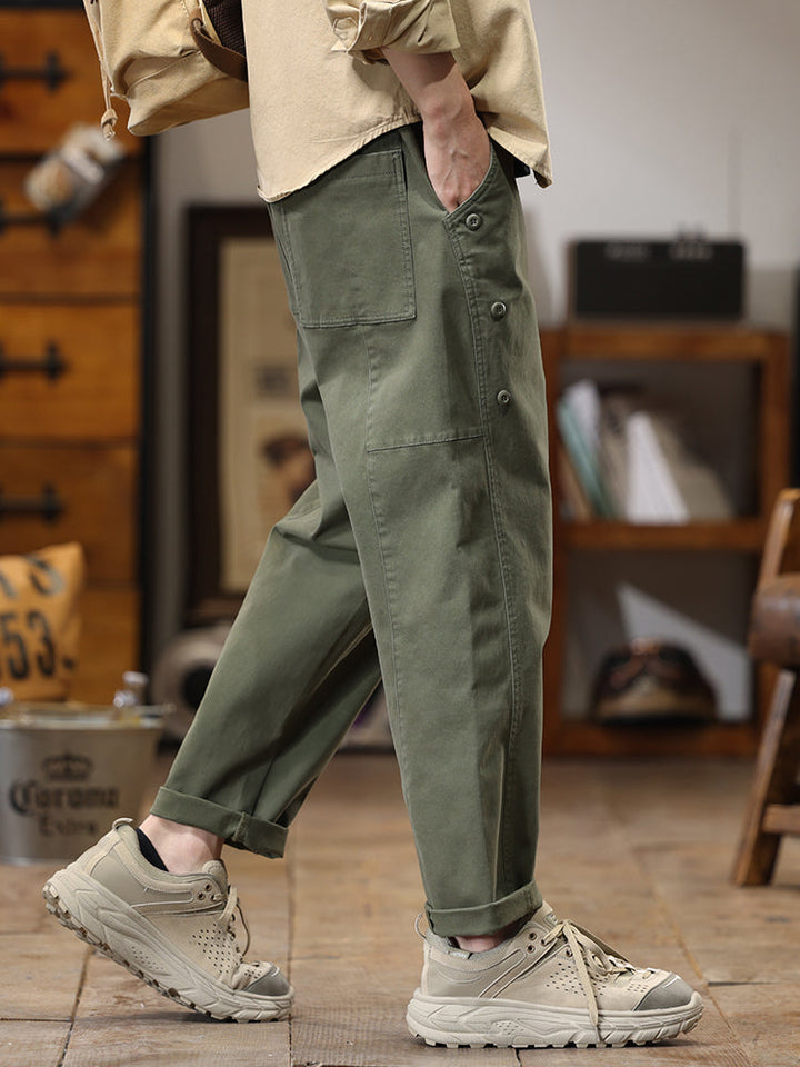 Pantalon cargo homme à boutons latéraux décoratifs, coupe droite et ample