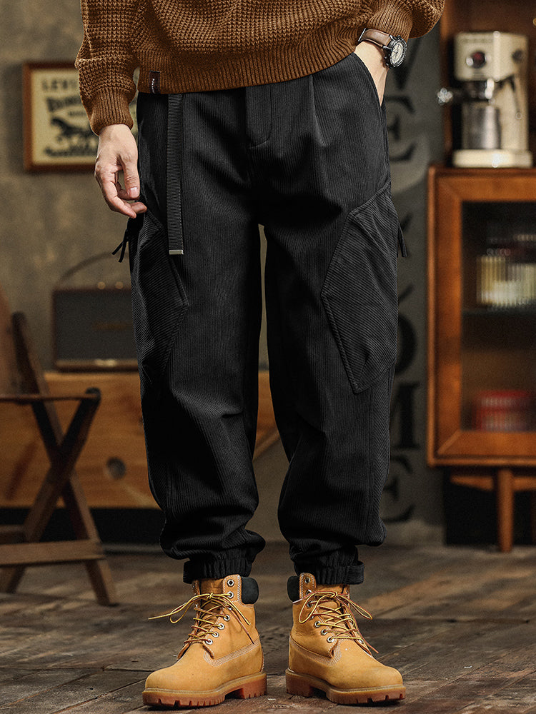 Pantalon cargo décontracté en velours côtelé avec sangles décoratives pour homme