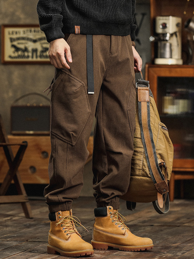 Pantalon cargo décontracté en velours côtelé avec sangles décoratives pour homme