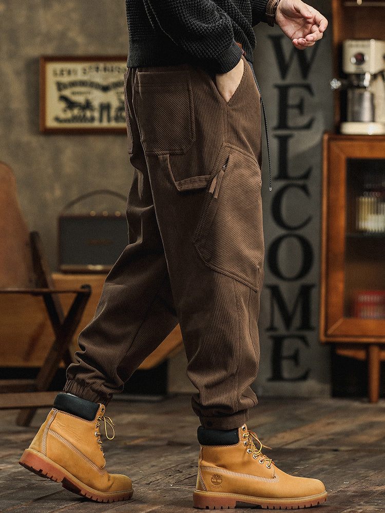 Pantalon cargo décontracté en velours côtelé avec sangles décoratives pour homme