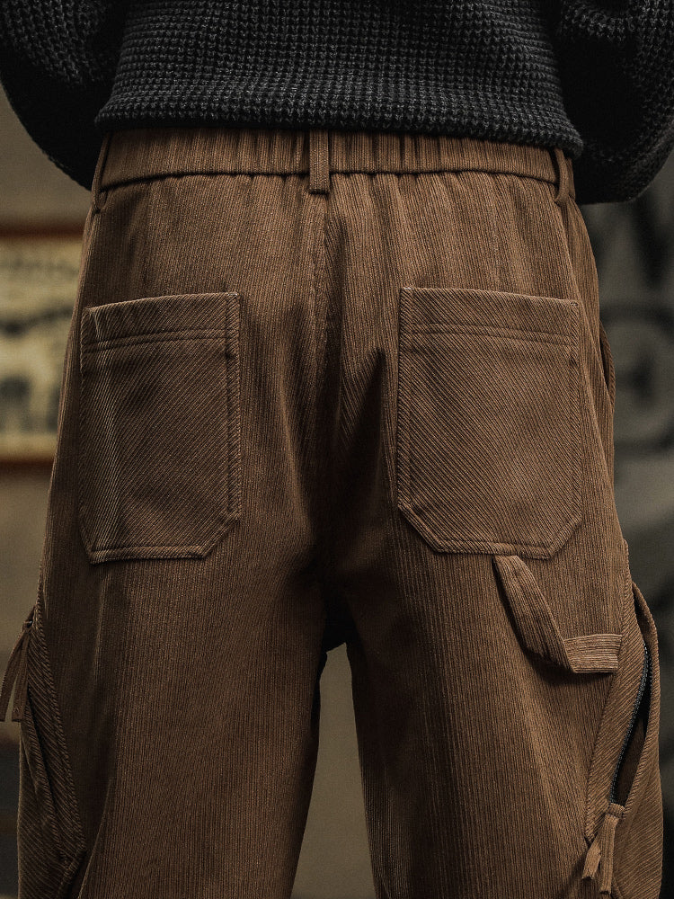Pantalon cargo décontracté en velours côtelé avec sangles décoratives pour homme