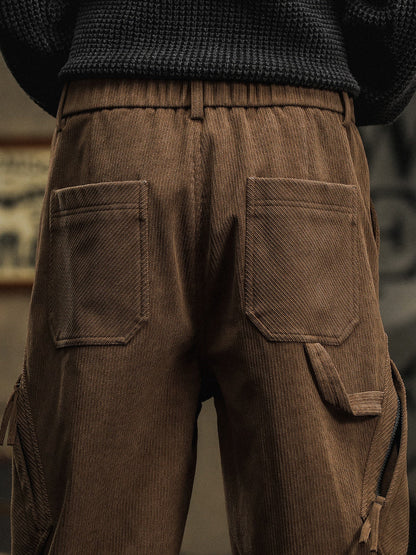 Pantalon cargo décontracté en velours côtelé avec sangles décoratives pour homme