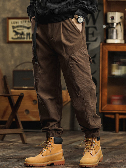 Pantalon cargo décontracté en velours côtelé avec sangles décoratives pour homme