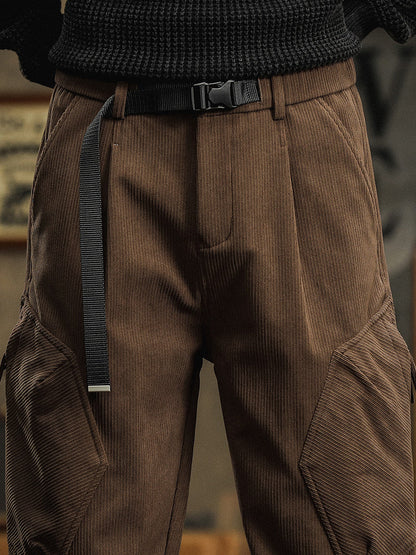 Pantalon cargo décontracté en velours côtelé avec sangles décoratives pour homme