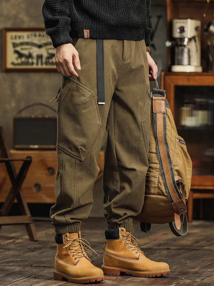 Pantalon cargo décontracté en velours côtelé avec sangles décoratives pour homme