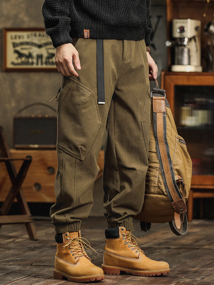 Pantalon cargo décontracté en velours côtelé avec sangles décoratives pour homme