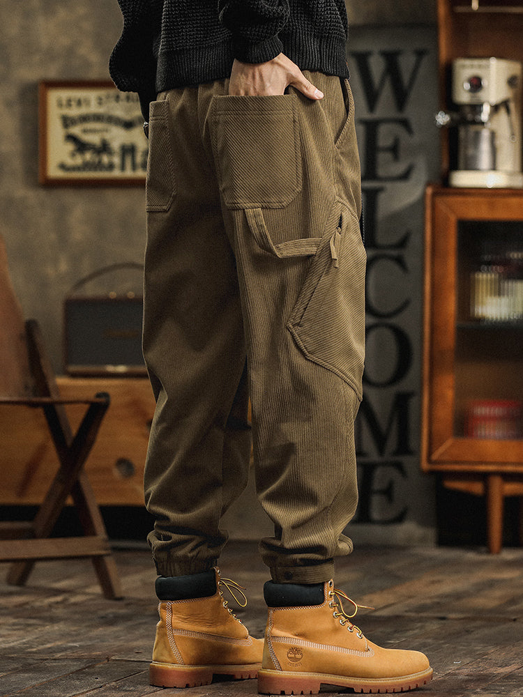Pantalon cargo décontracté en velours côtelé avec sangles décoratives pour homme