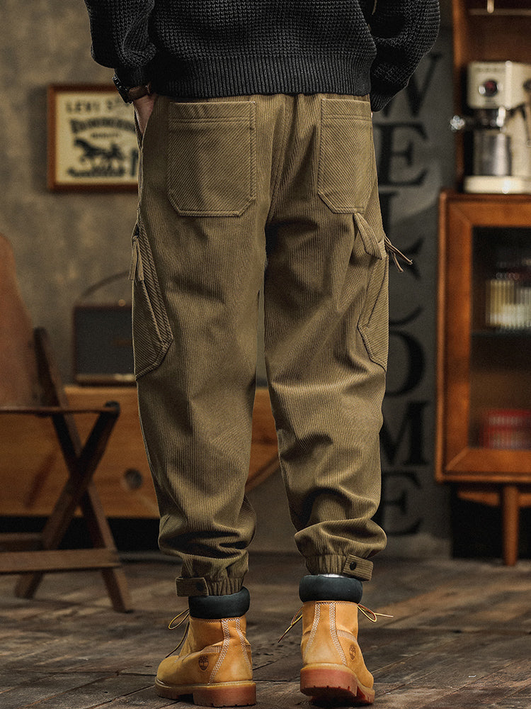 Pantalon cargo décontracté en velours côtelé avec sangles décoratives pour homme