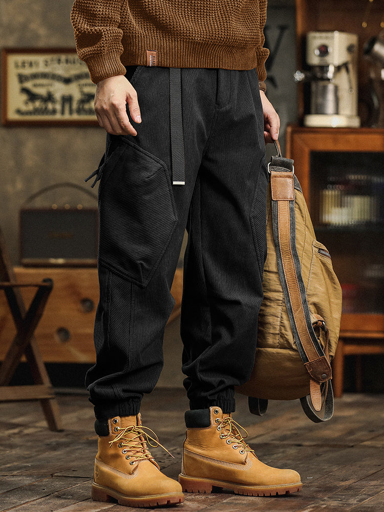 Pantalon cargo décontracté en velours côtelé avec sangles décoratives pour homme