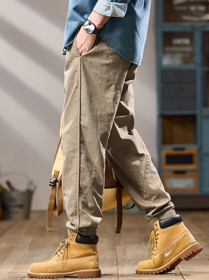 Pantalon décontracté pour homme, coupe ample, multipoches, 100 % coton, chevilles élastiques