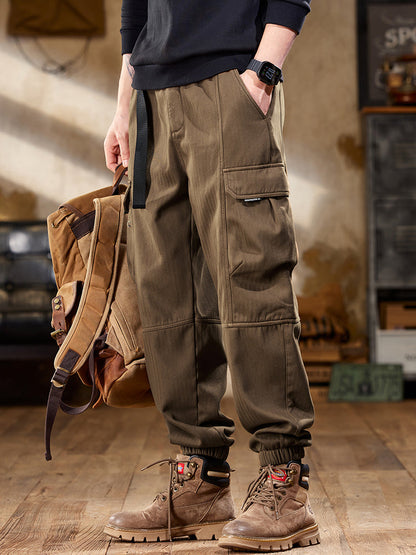 Pantalon cargo de jogging pour homme en tissu à chevrons avec ceinture ajustable