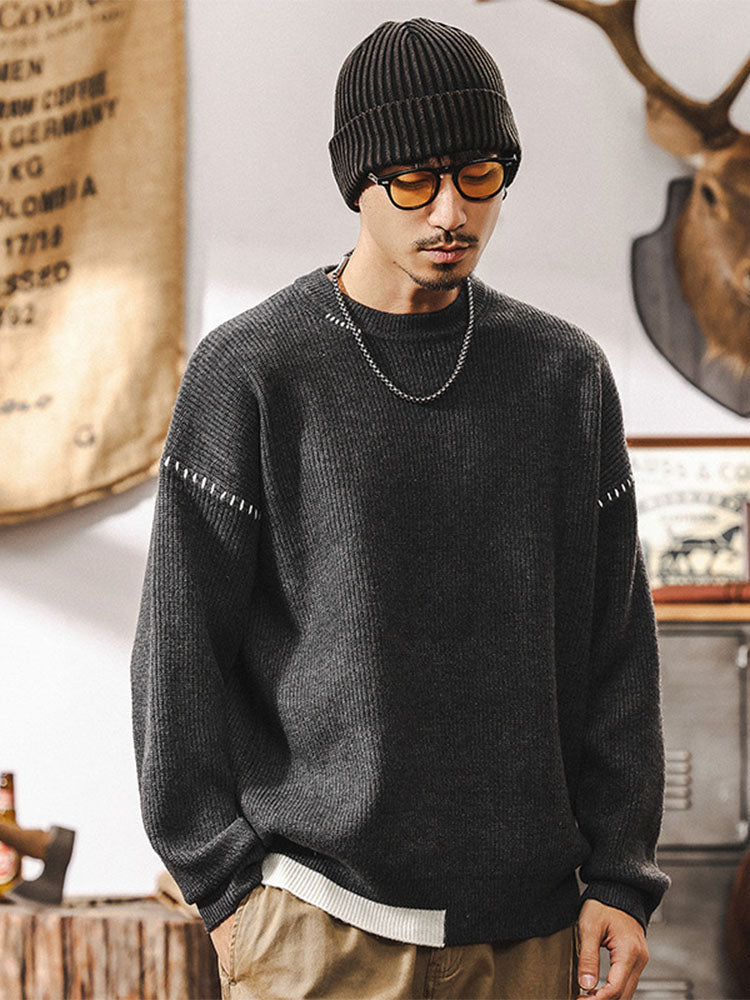 Herren Rundhals Strickpullover, Lockerer Schnitt mit Kontrastnaht‑Detail
